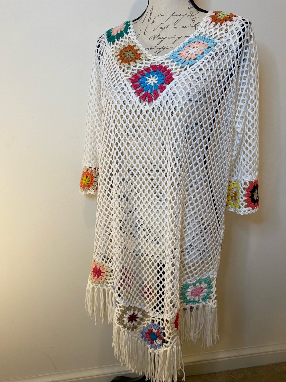 India Boutique White Crochet Mesh Swim Cover-Up with Multicolor Floral Trim
